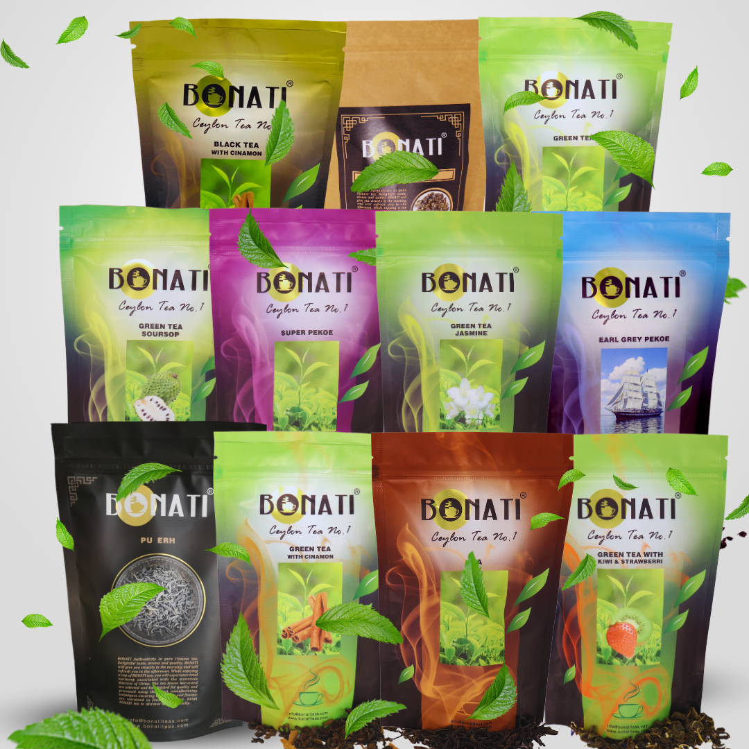 BONATI tea assortment — green, black, oolong and pu erh teas in 100 g and 500 g packs